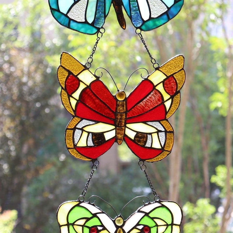 Bieye W10053 Butterfly Tiffany Style Stained Glass Window Panel with 3 Pieces Hanging Successively Within Chains, 12" W x 25" H - Image 3